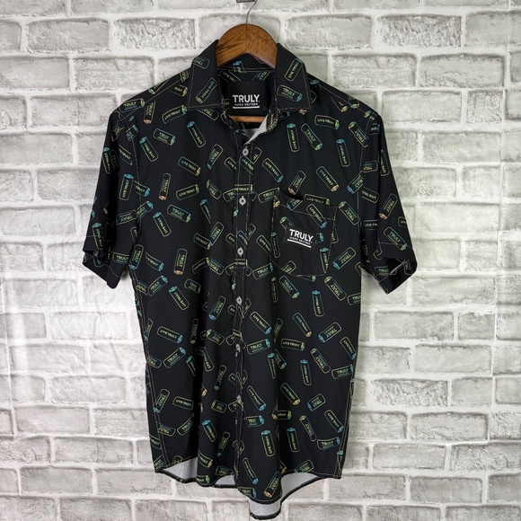 Truly Hard Seltzer Primary Black Neon Can AOP Button Up Shirt Mens Small Poly - Picture 2 of 8